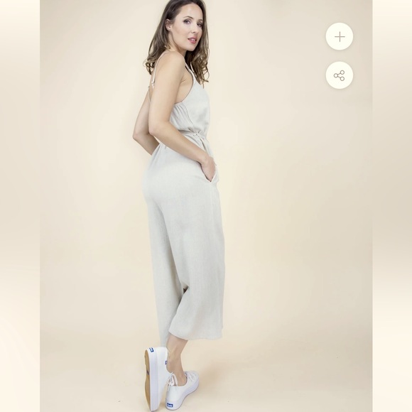 51. Linen Wide Leg Jumpsuit Tie Waist Pockets Oatmeal Natural Neutral - Picture 4 of 6